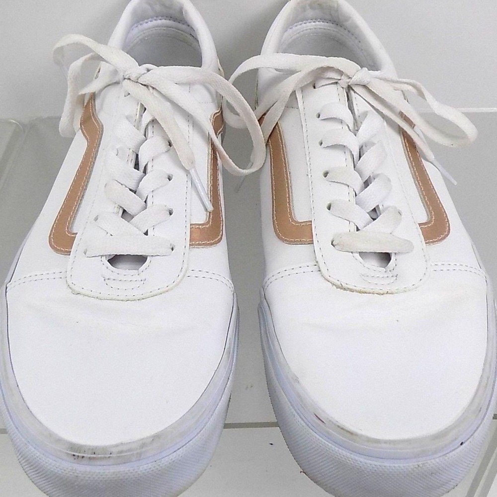 Vans Ward White Leather Rose Gold Metallic Stripe Sneakers Womens 11 Low Top